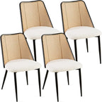 Rattan Dining Chairs Set of 4, Modern Mid Century Dining Chairs Upholstered Kitchen Chairs Boucle Stylish Cane Chairs with Metal Legs for Apartment, Dining Room