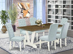East West Furniture V077CE215-7 7 Piece Dining Set Consist of a Rectangle Dining Room Table with V-Legs and 6 Baby Blue Linen Fabric Upholstered Parson Chairs, 40x72 Inch, Multi-Color