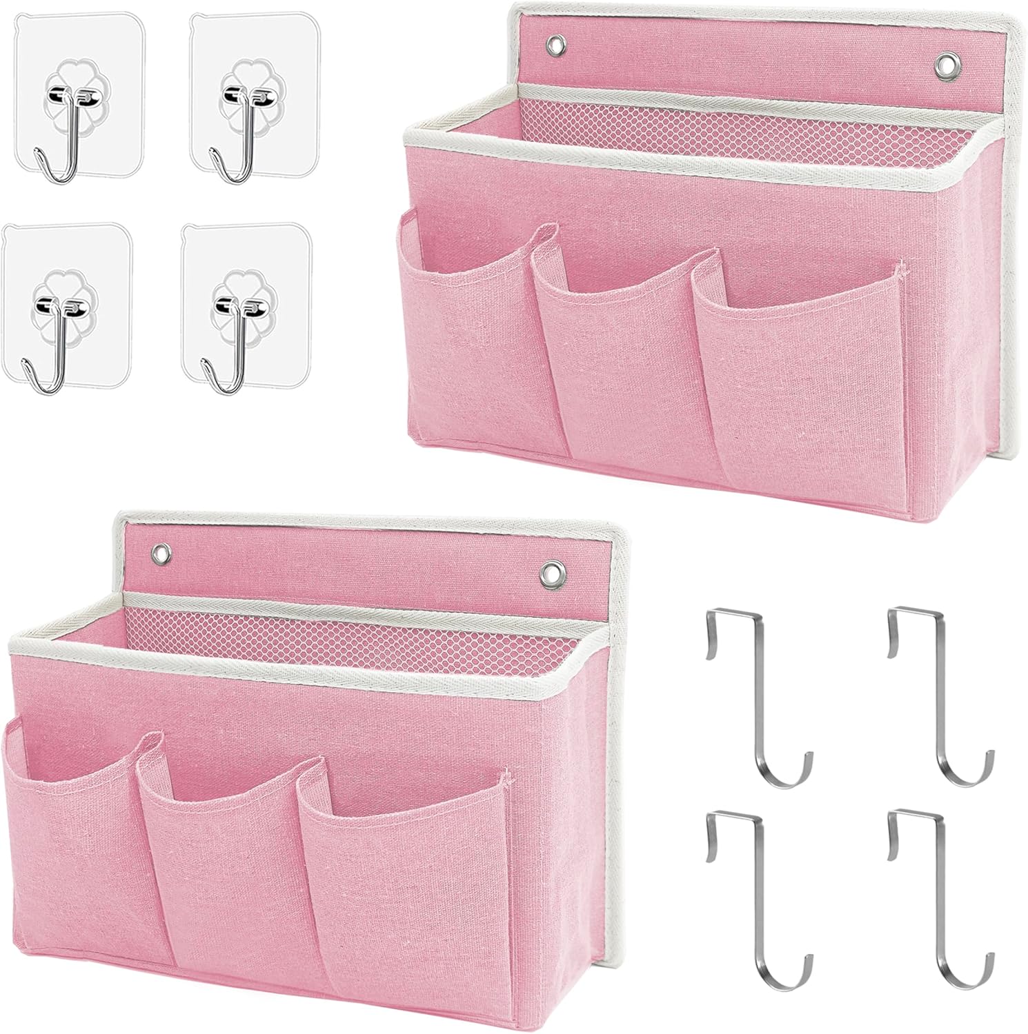 2-Pack Wall Hanging Organizer Bag/Hanging Baskets with Large Mesh Compartment & 3 Pockets，Over the Door Hanging Organizer Space Saving Storage for Bedroom,RV Camper, Closet (Pink -2 Pack)