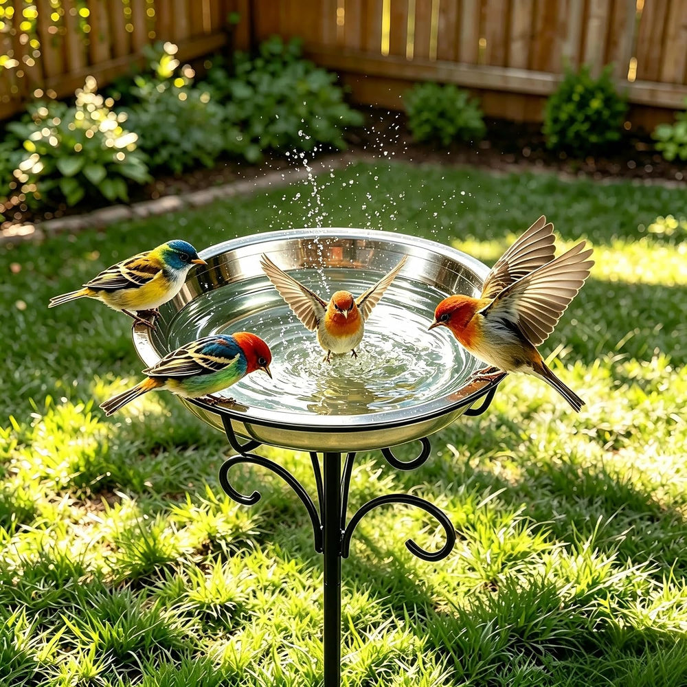 Fire Beauty Staked Stainless Steel Bird Bath for Outdoor Backyard Wildlife