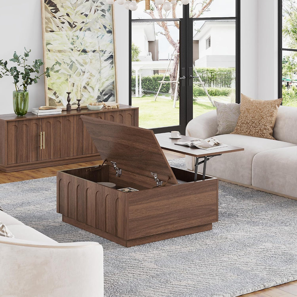 FORTUNETEC 31.5" Lift Top Coffee Table with Storage, Arched Design, Walnut