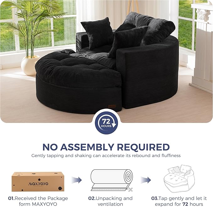 MAXYOYO Modular Sectional Chaise Lounge Sofa, Round Upholstered Lounge Chair with Ottoman, Comfy Couch with Layered Cushion, Tufted Sleeper Chair for Living Room, No Assembly, Black