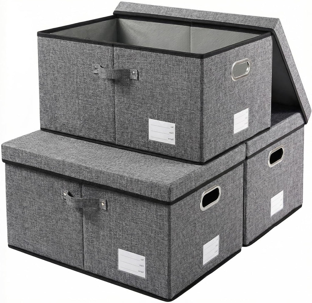 Storage Bins with Lids [3-Pack] Linen Fabric Foldable Storage Boxes Organizer Containers Baskets Cube with Cover for Bedroom Closet Office Grey(23.4X15.9X11.4)