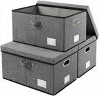 Storage Bins with Lids [3-Pack] Linen Fabric Foldable Storage Boxes Organizer Containers Baskets Cube with Cover for Bedroom Closet Office Grey(23.4X15.9X11.4)