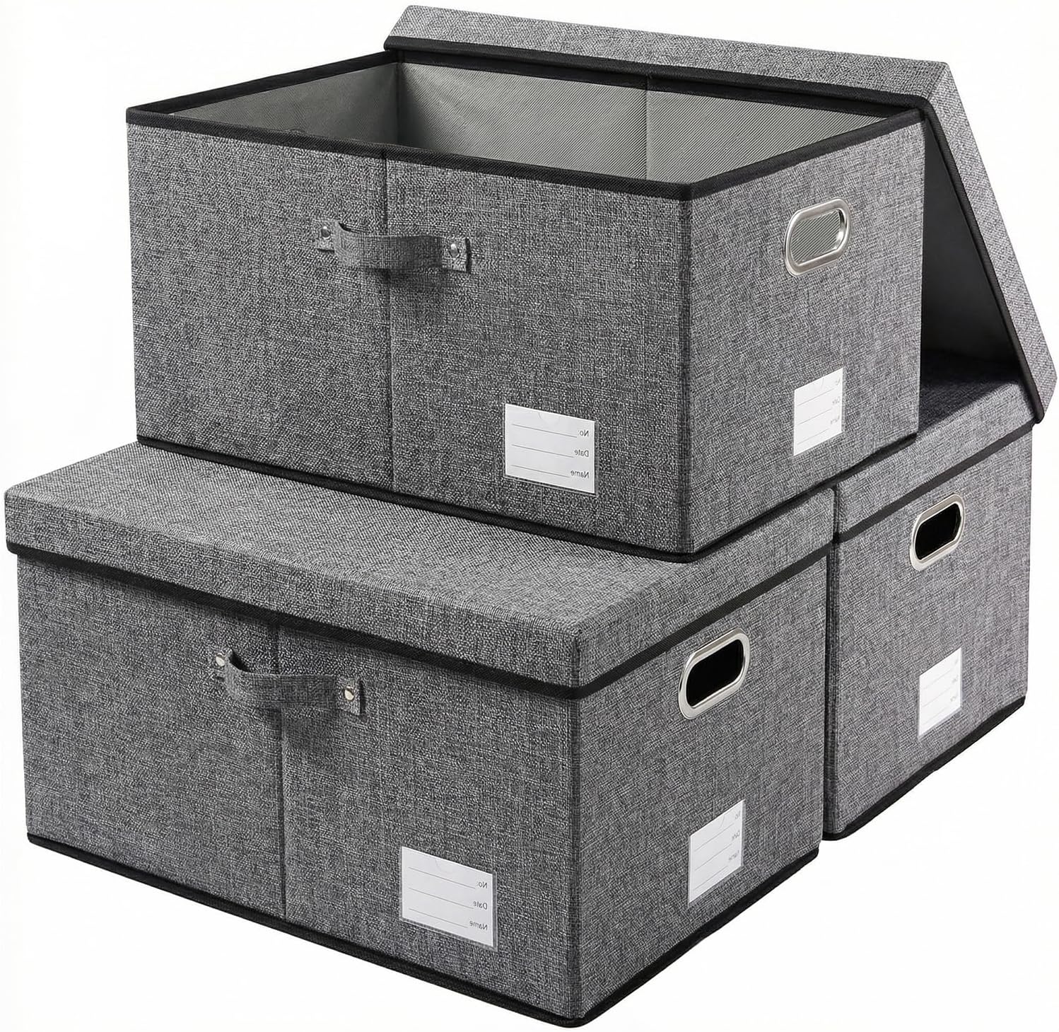 Storage Bins with Lids [3-Pack] Linen Fabric Foldable Storage Boxes Organizer Containers Baskets Cube with Cover for Bedroom Closet Office Grey(23.4X15.9X11.4)