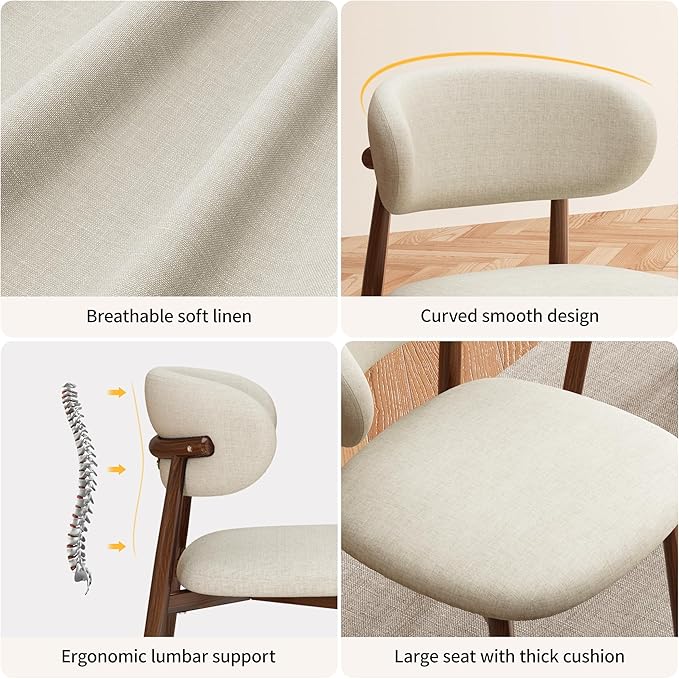 Kitchen Dining Chairs Set of 6 Modern Soft Linen Farmhouse Dining Room Chair with Metal Legs, Beige/Walnut