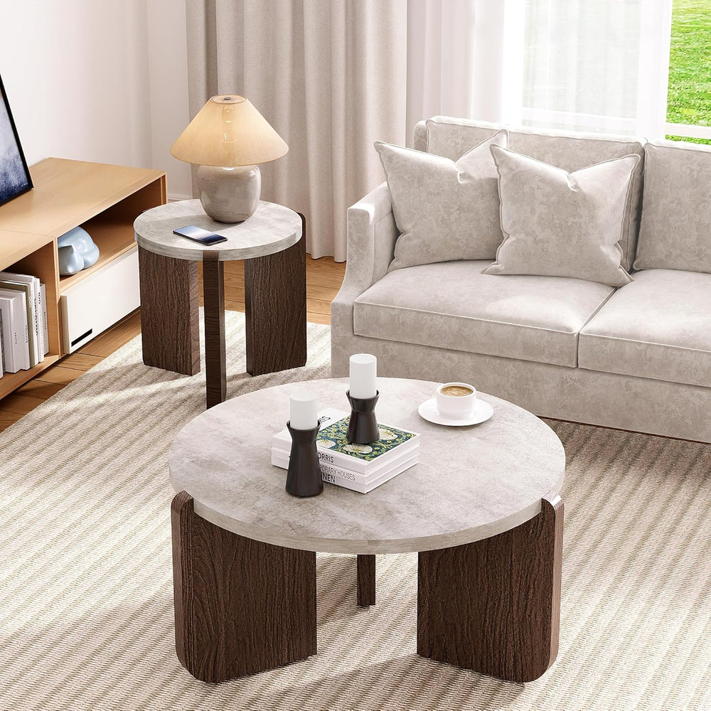 SUNBURY Modern Round Coffee Table with Sturdy Base, Wood Center Tables for Li...