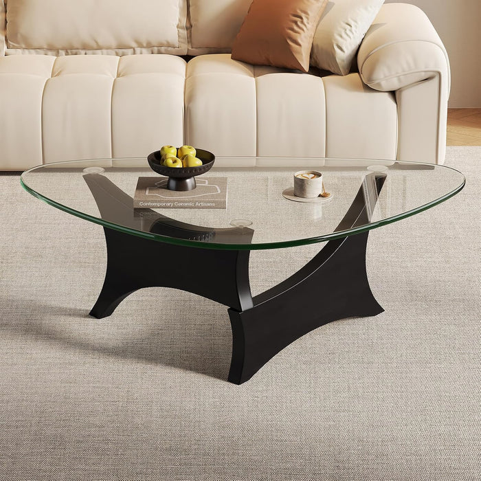 Modern Glass Coffee Table for Living Room, Mid Century Modern Triangle Coffee Table with Tempered Glass Top & Solid Wood Base, Small Center Table for Apartment（Black/Transparent，Medium）