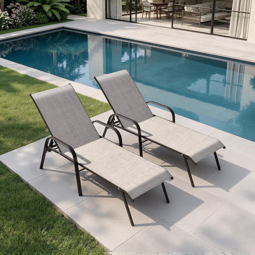 Chaise Lounge Chair Outdoor, Pool Chairs Set of 2 with Armrests (Beige)