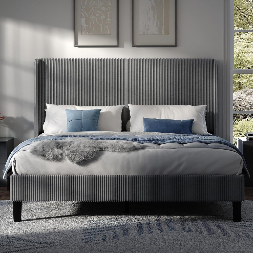 King Bed Frame, Upholstered Platform Bed with Corduroy Headboard, Grey