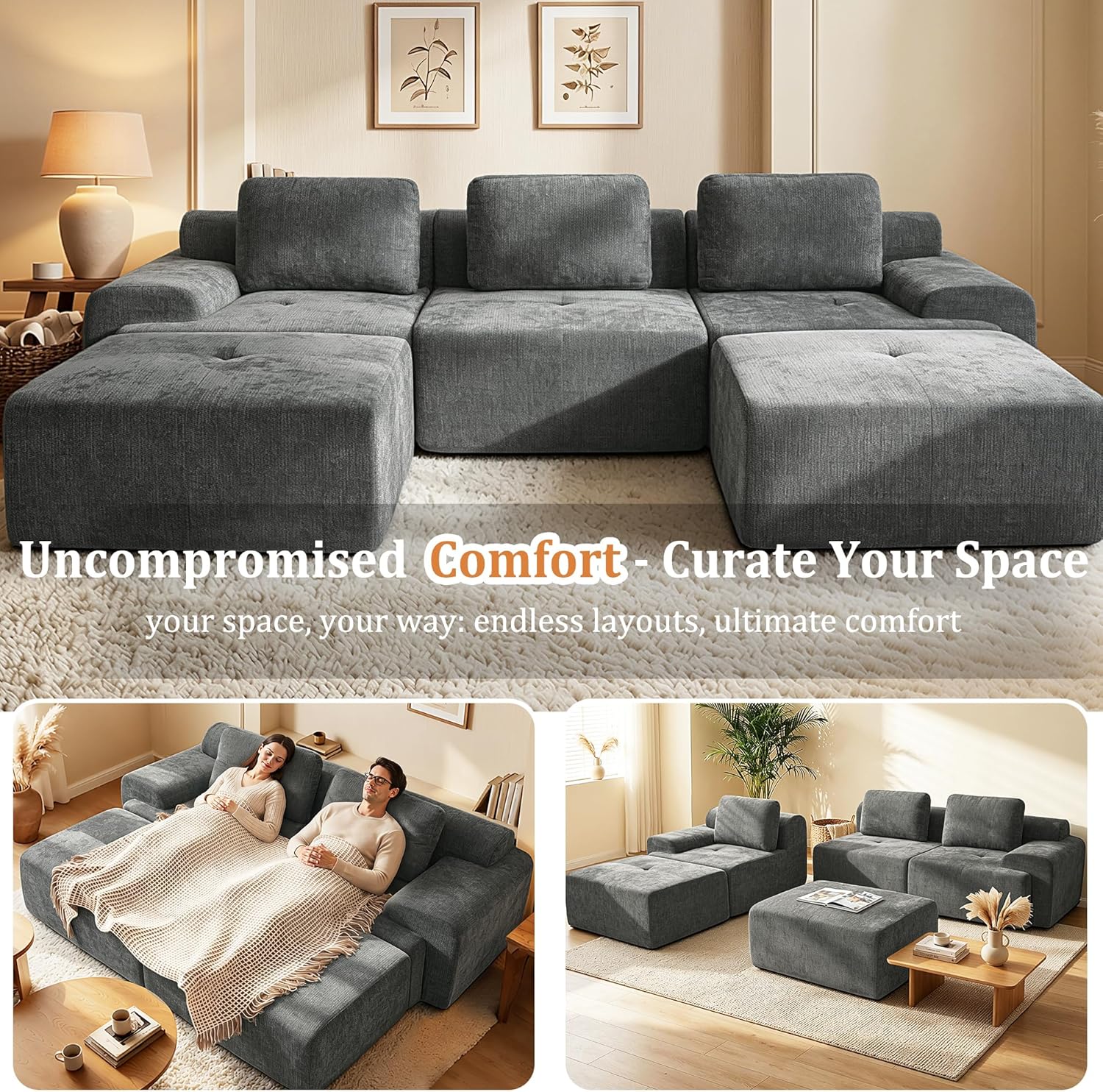 159" U Shaped Oversized Boneless Couch, Comfort Cloud Sectional Couches for Living Room, Modular Sofa High Back & Extra Deep Seat, No Assembly, Soft Chenille (Dark Grey, 159 inch-U shaped（4+2）)