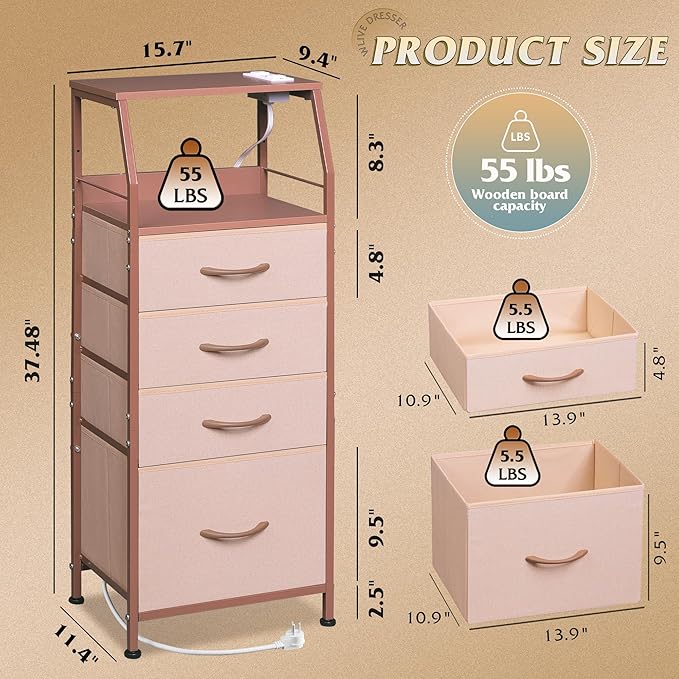 WLIVE 4 Drawer Dresser for Bedroom, 37" H Nightstand with Charging Stati...
