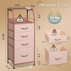 WLIVE 4 Drawer Dresser for Bedroom, 37" H Nightstand with Charging Station and Led Light, Tall Night Stand Bed Side Table, End Table with USB Ports and Outlets, Fabric Bins, Wood Shelf, Pink