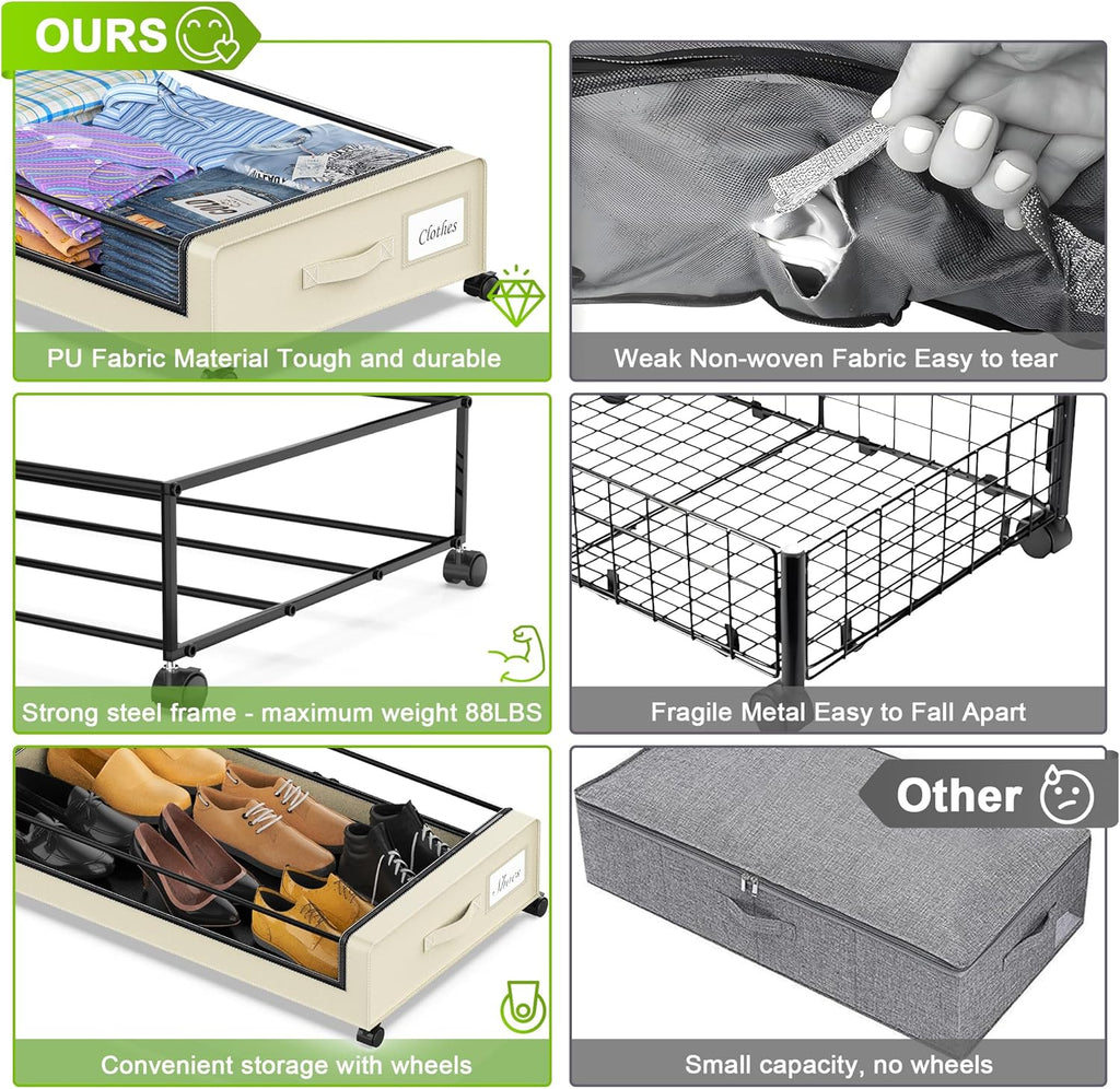 Under Bed Storage with Wheels, Under the Bed Storage Containers with Clear Lids & Label, Underbed Storage Bins, XXL 60L Rolling Metal Drawer for Clothes, Shoes, Toys, Books (Beige)