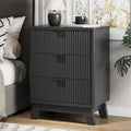 Fluted Nightstand with 3 Storage Drawers, 24" Wide Wood Bedside Table with Mental Handle, Mid Century Modern Wooden Side Table Night Stand, Curved End Table for Bedroom, Living Room, Black