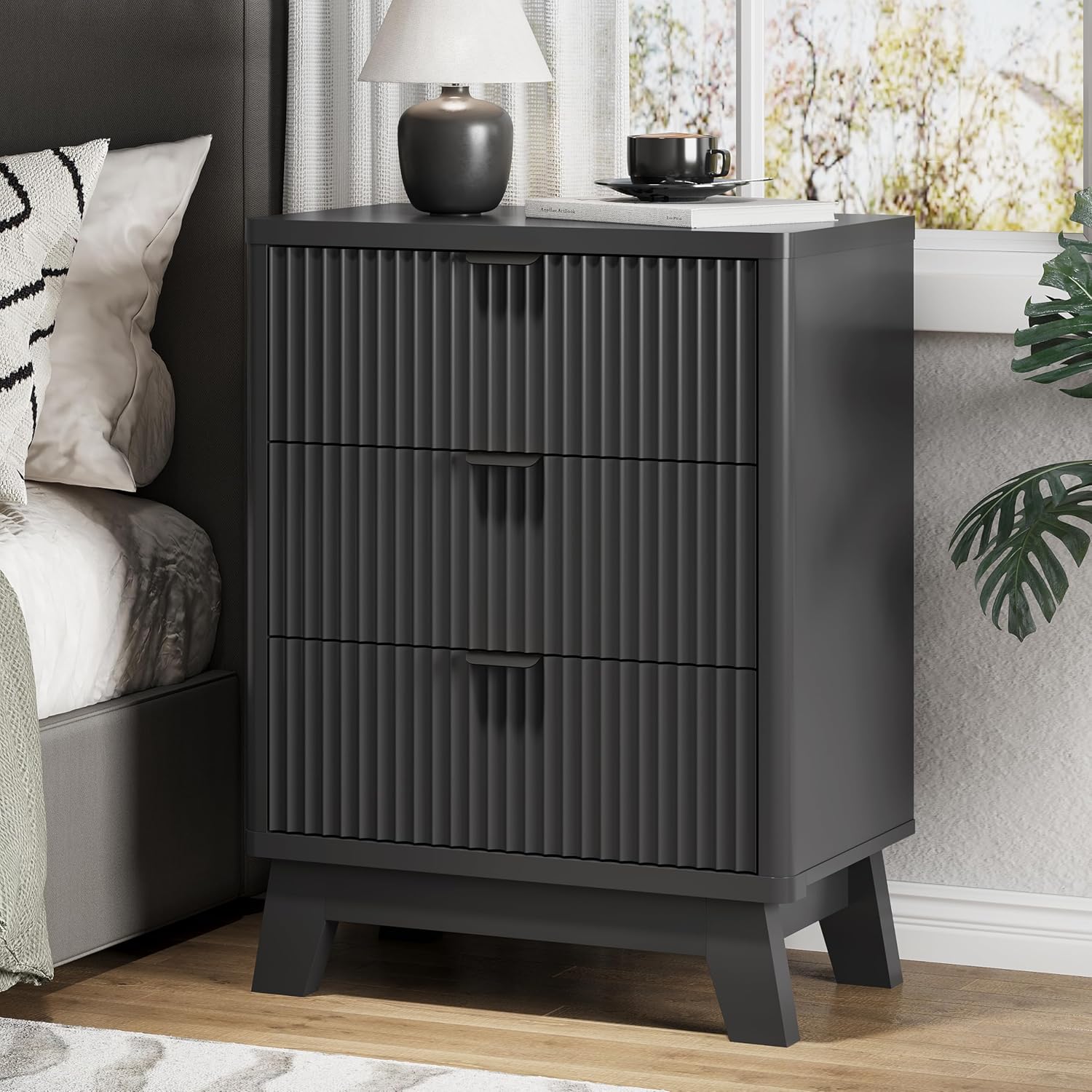 Fluted Nightstand with 3 Storage Drawers, 24" Wide Wood Bedside Table with Mental Handle, Mid Century Modern Wooden Side Table Night Stand, Curved End Table for Bedroom, Living Room, Black