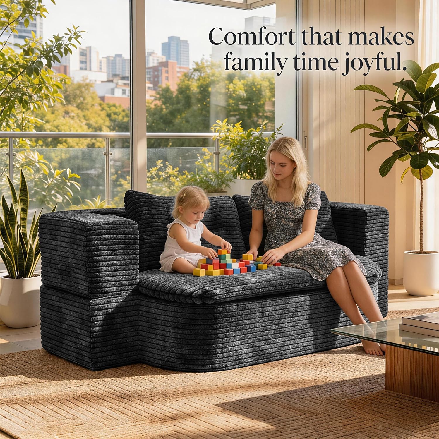 78.7" Futon Sofa Bed, Memory Foam Convertible Couch, Dark Gray | Sophisticated comfort with premium corduroy, one-flip conversion, built-in blanket, and ergonomic support