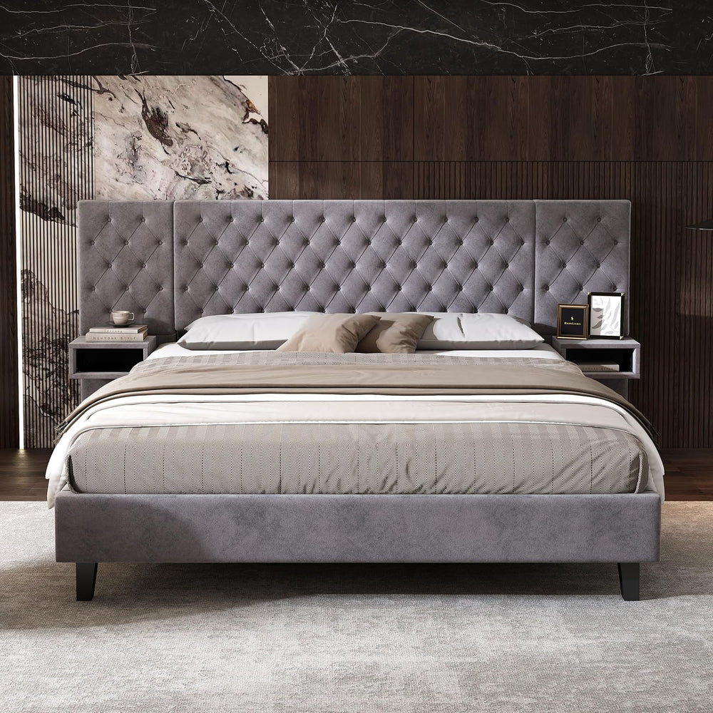 King Size Platform Bed with Headboard, Velvet Upholstered Platform Bed with 2...