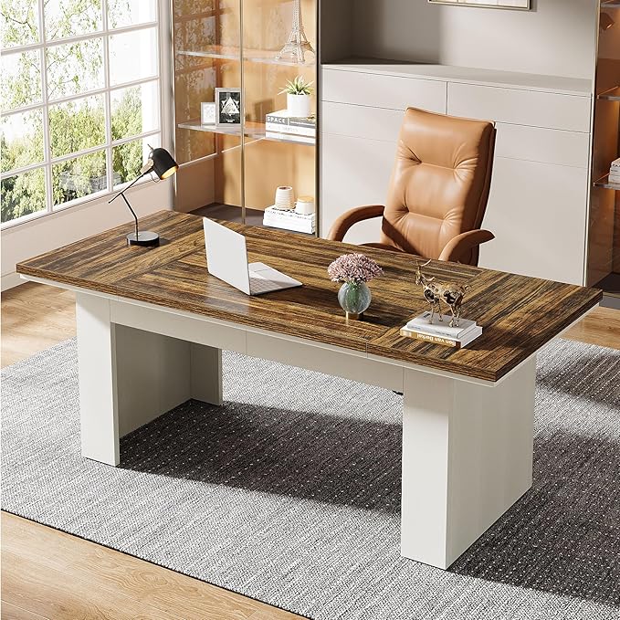 Tribesigns 63" Executive Office Desk, Modern Computer Desk for Home Office, Easy Assembly, Brown and White