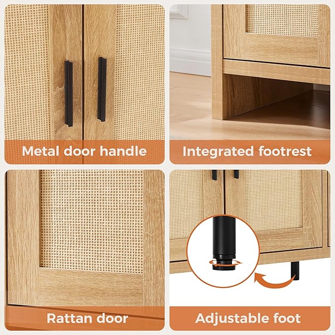 Rattan Buffet Cabinet with Storage, Sideboard Cabinet with Doors and Adjustab...