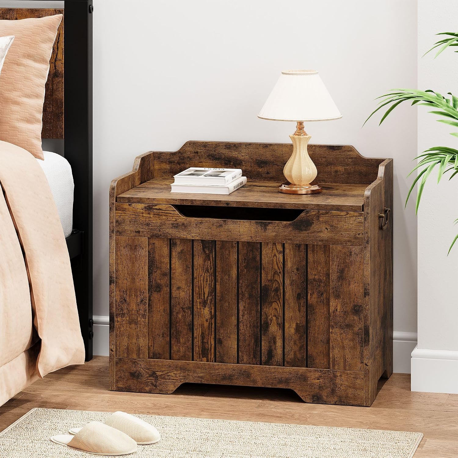 IDEALHOSUE 24.8” Storage Chest, Wooden Storage Bench with Safety Hinge, Retro Blanket Storage Trunk for Entryway, Living Room, Supports 350 lb, Rustic Brown