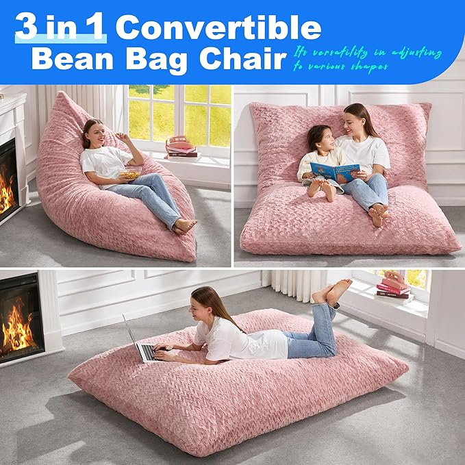 Hobestluk 3 in 1 Bean Bag Chair Giant Bean Bag Chairs for Adults with Chevron Plush Fur Cover Convertible Bean Bag Floor Cushion with Machine Washable Cover for Living Room (Chevron Plush Pink)