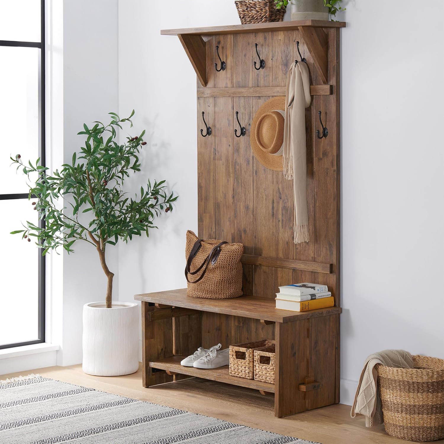 Alaterre Bethel Rustic Solid Wood Entryway Hall Tree with Bench, Natural | 70” Modern Farmhouse Entryway Organizer with Shoe Storage Bench and Coat Hooks, Natural Aged Brown, for Jackets, Shoes & Bags