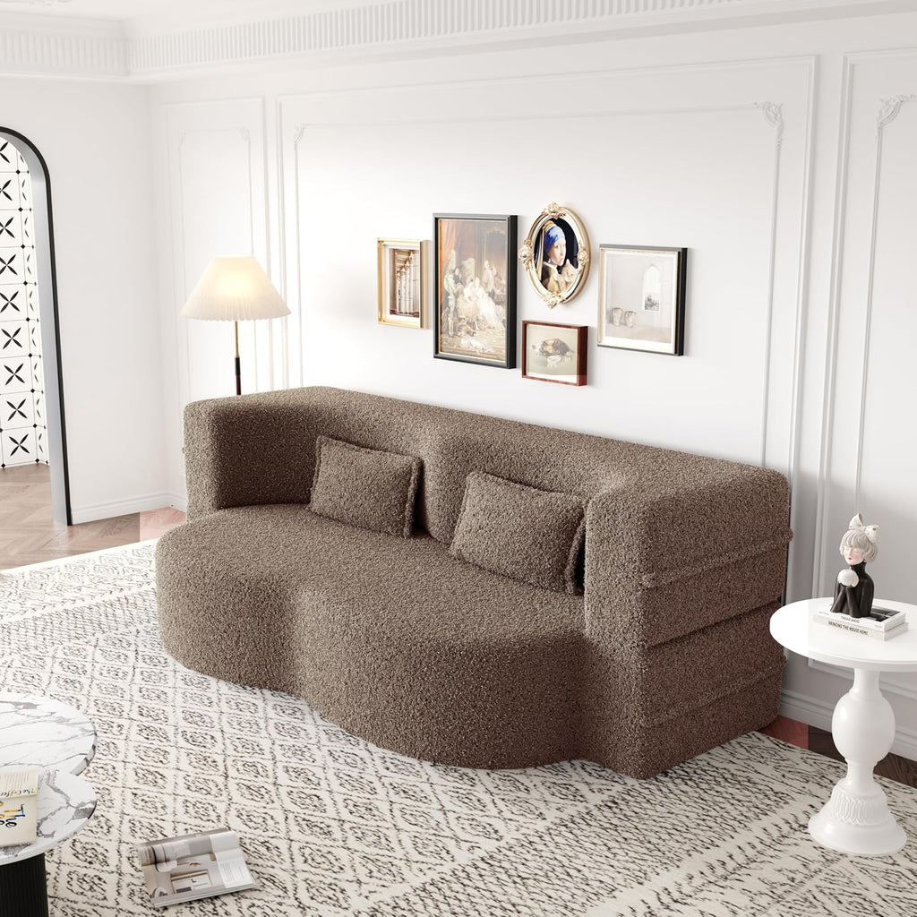 CAPCAEK 78" Folding Foam Sofa Bed,Full Size Folding Mattress Boneless Couch for Living Room,15" Seat Height Convertible Teddy Fabric Foam-Filled Loveseat Sleeper Sofa Bed (Brown)