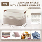 72L Large Laundry Basket with Leather Handles for Living Room Storage, Woven Rope Baskets Bin for Blanket, Kids Toy, Gifts, Wicker Hamper for Bedroom Dirty Clothes, 22"x17"x12" White Brown