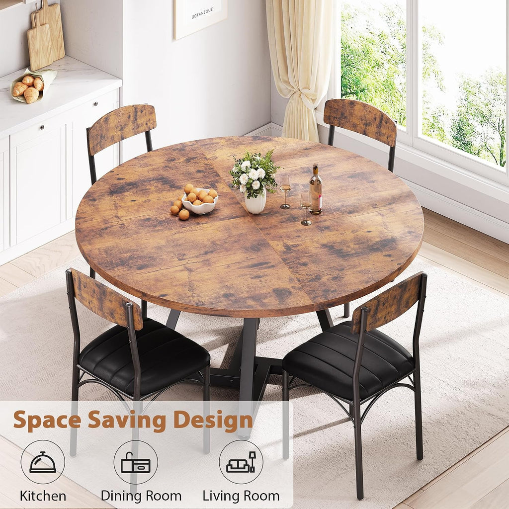 Jocoevol Round Dining Table Kitchen Dining Room Circle Dinner Pedestal Table for 4, Space Saving Wood Kitchen & Dining Room Furniture (Rustic Brwon)