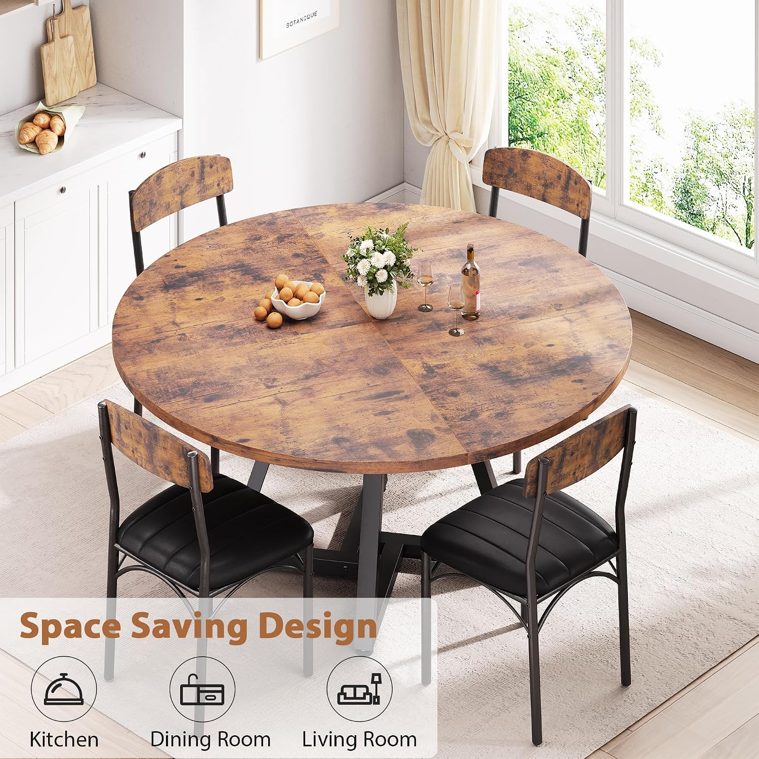 Jocoevol Round Dining Table Kitchen Dining Room Circle Dinner Pedestal Table for 4, Space Saving Wood Kitchen & Dining Room Furniture (Rustic Brwon)