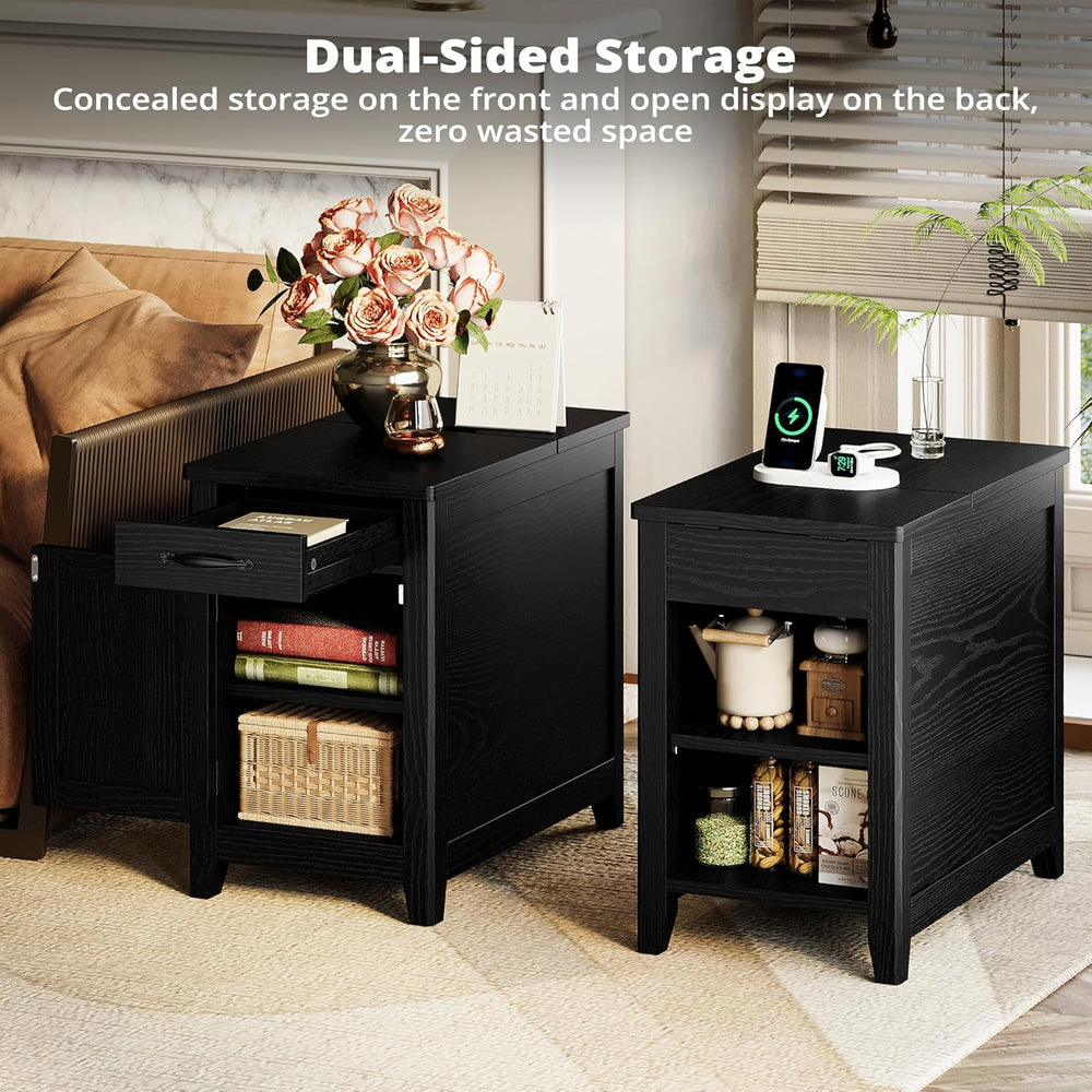 IRONCK End Table with Charging Station, Narrow Side Table for Living Room, Fa...