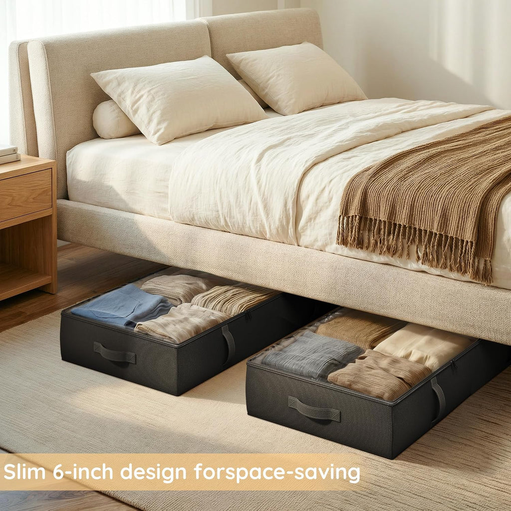 Side-Supported Under Bed Storage Containers, 6 Inch 60L Clothes Storage Bin | Underbed Storage Bin with Sturdy Handles and Sidewalls, Closet Organizer for Clothes, Blankets, Seasonal Items, Black, 2 Pack