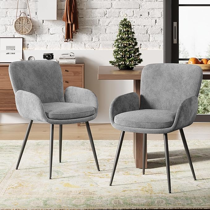 VKNOW Modern Dining Chairs Set of 6, Upholstered Dining Room Chair with Armrest, Kitchen Chairs with Curved Ergonomics Backrest for Living Room, Dining Room, Kitchen, Grey