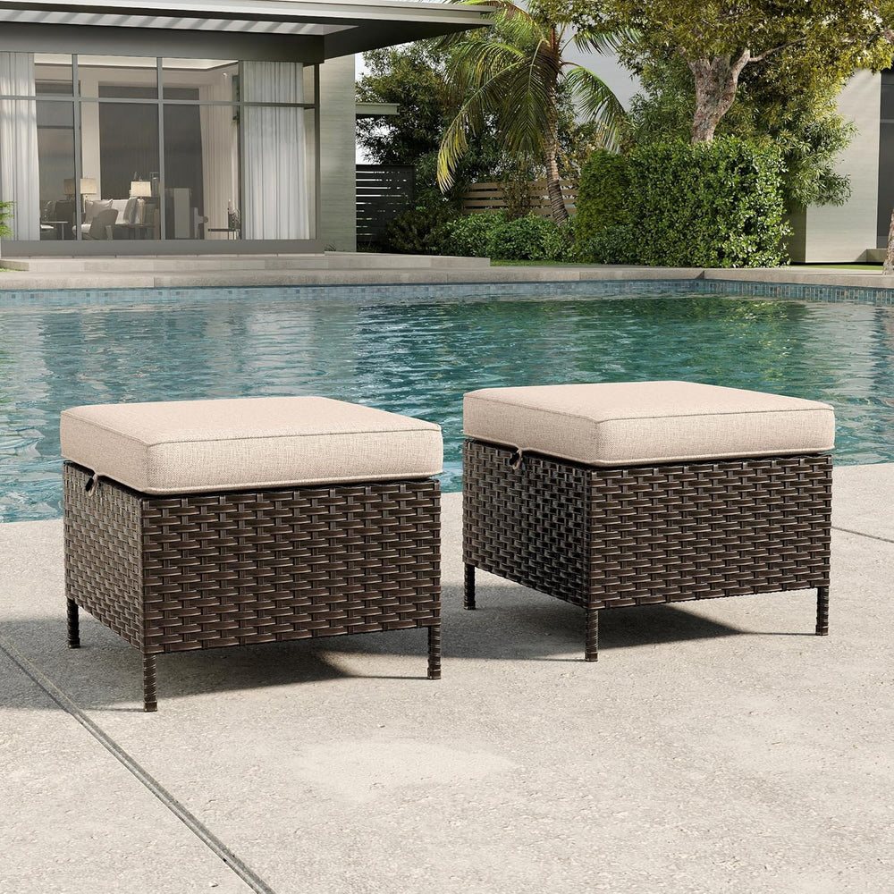 2 Pieces Patio All-Weather Wicker Ottomans with Cushions, PE Rattan Outdoor C...
