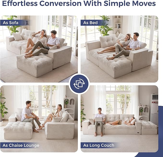 MAXYOYO Sectional Sofa Couch and Chaise Lounge, L Shaped Modern Cloud Couch with Ottoman, Comfy Sofa with Layered Cushion, Tufted Upholstered Sleeper Chair for Living Room, No Assembly Required, Beige