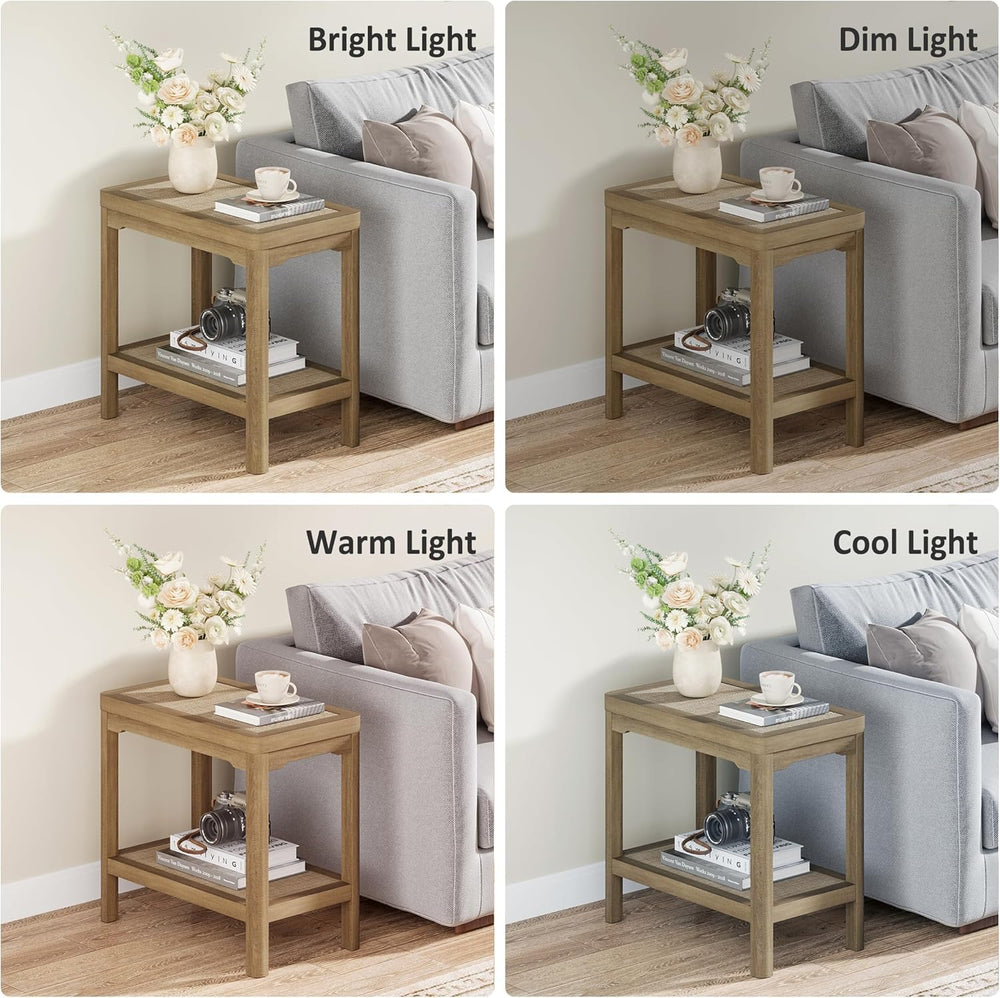 Eclatara Night Stand Set of 2, Farmhouse End Table with 2 Tier Boho Rattan Sh...