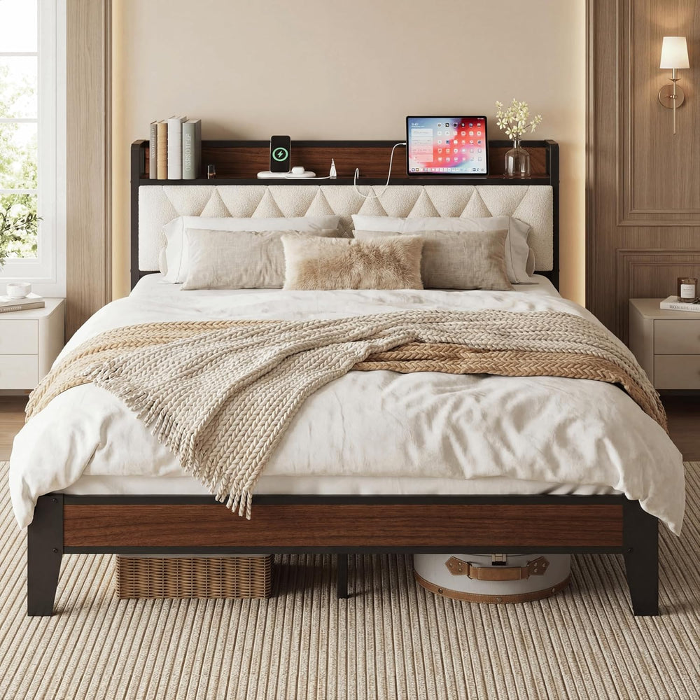 ANCTOR Queen Bed Frame with Headboard & Charging Station,Wood and Cream
