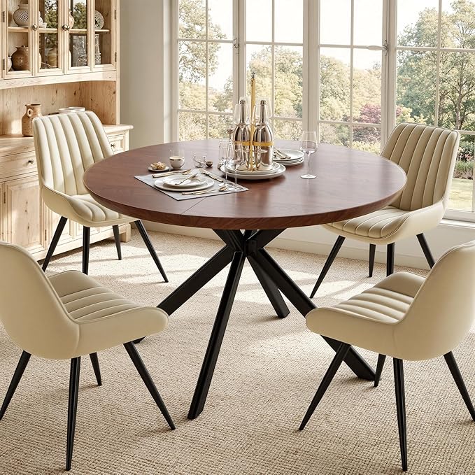47.2" 5-Piece Round Dining Table Set for 4, Modern Wood Dining Table with 4 Upholstered Chairs, Kitchen & Dining Room Table Set with Metal Base for Apartment, Small Space, Walnut Table+4 Beige Chairs