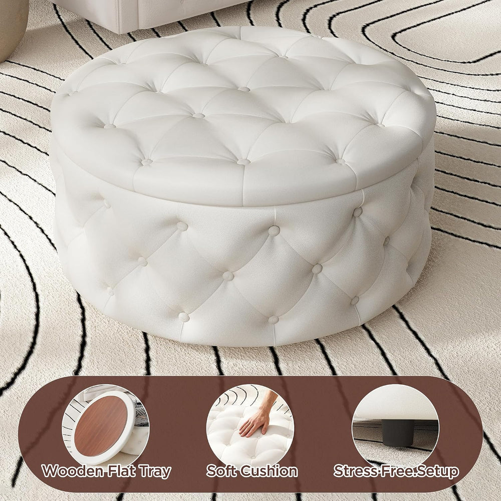 FiveWillowise 30 Inch Round Ottoman with Storage Tray,Large Coffee Table | Ci...