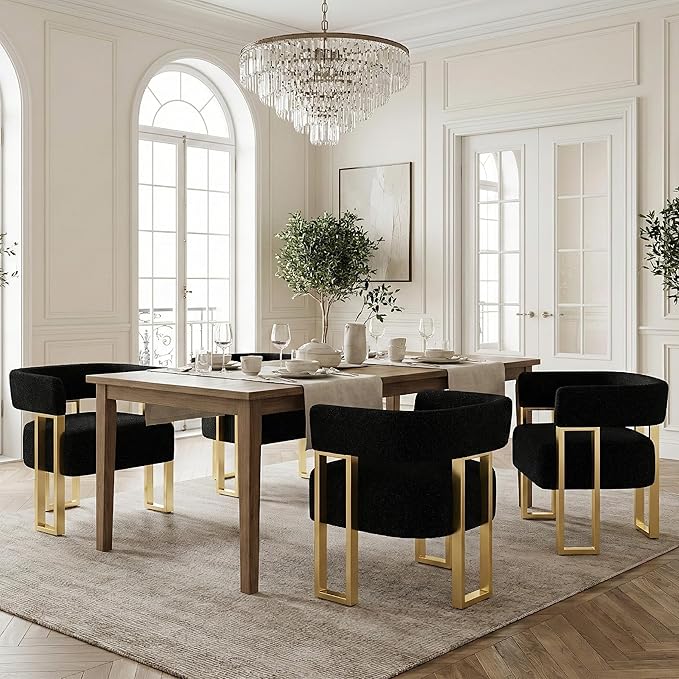 STHOUYN Modern Black Boucle Dining Chairs Set of 4 with Gold Metal Legs, Mid Century Barrel Kitchen Chairs Set, Upholstered Accent Armchairs Dining Room Set, Living Room, Apartment (Black, 4pcs)