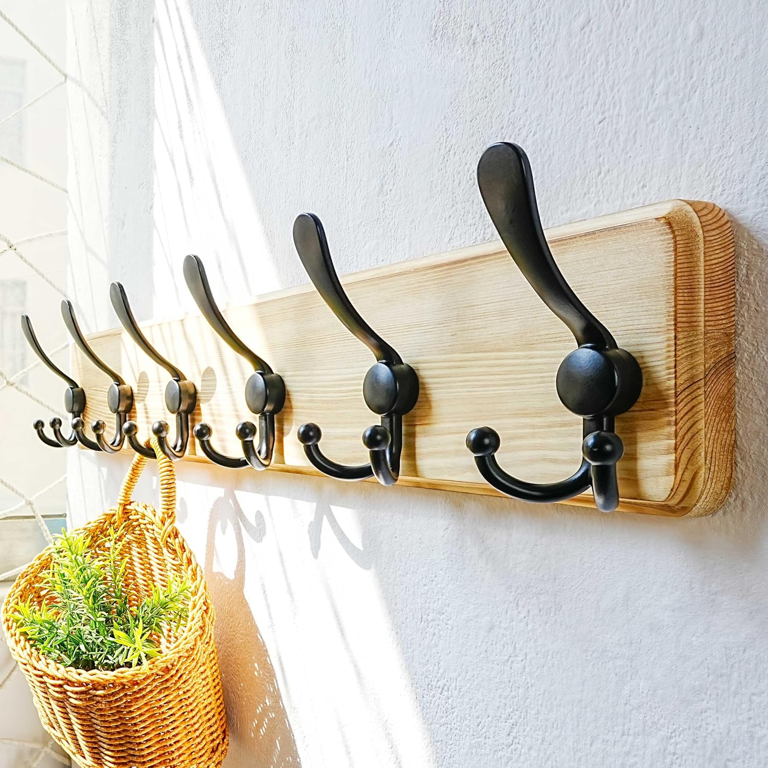Dseap Coat Rack Wall Mounted - 24" Long 6 Tri Hooks, Heavy Duty Wooden Wall Coat Hanger Coat Hook for Clothes Hat Jacket Clothing, Weathered Light Natural and Black