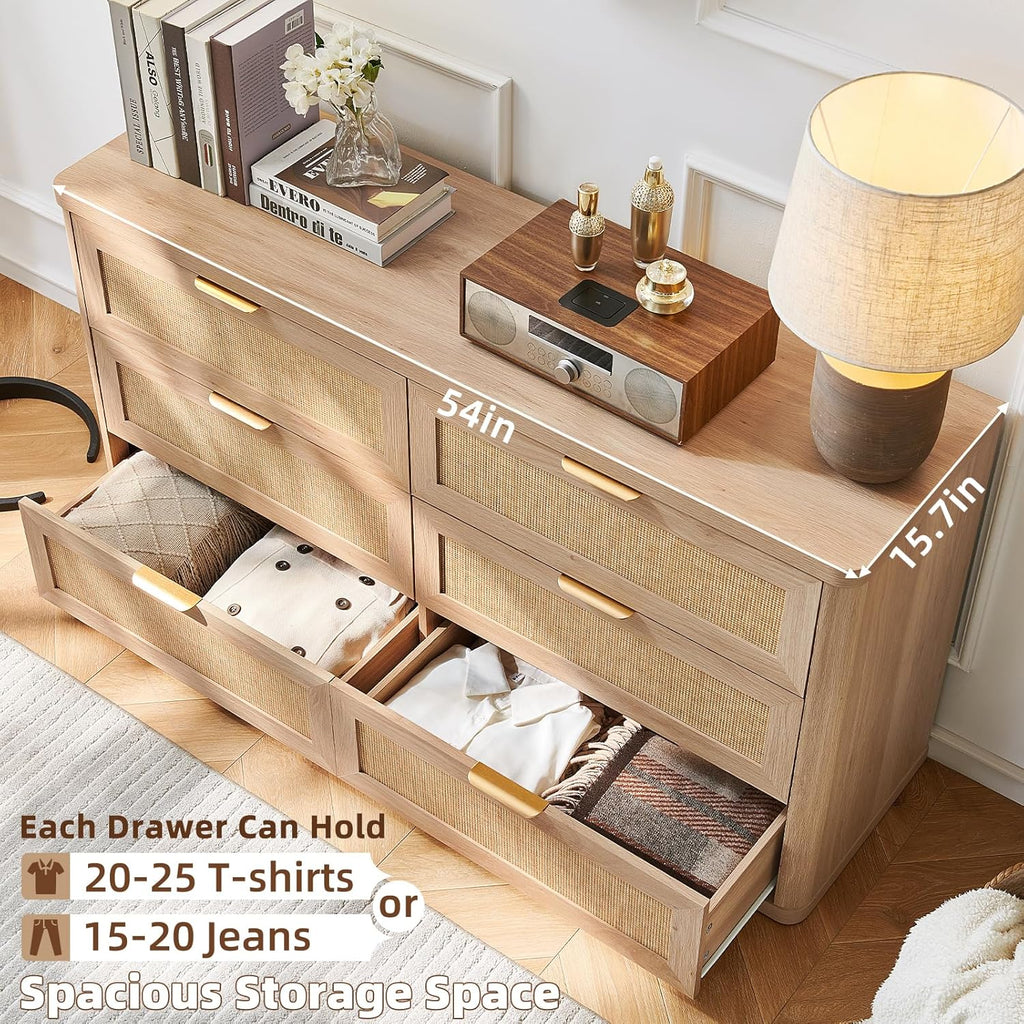 LEYAOYAO Rattan 6 Drawer Dresser for Bedroom Set of 2, Boho 54" Wide Natural Wood Dresser Chest of Drawers, Dressers TV Stand with Metal Handle, Storage Dressers Closet Organizer for Living Room