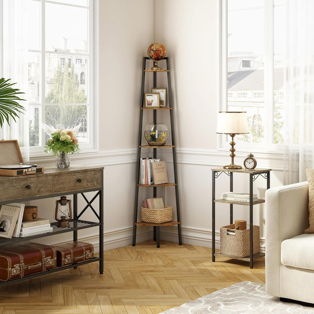 Hoctieon Corner Shelf, 5-Tier Corner Bookshelf, Rustic Ladder Shelf, Industri...