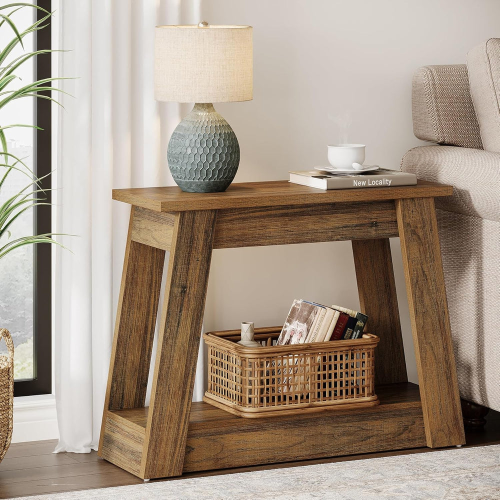 Tribesigns Wood End Table, Small Side Table with 2 Storage Shelves, Rustic Ac...