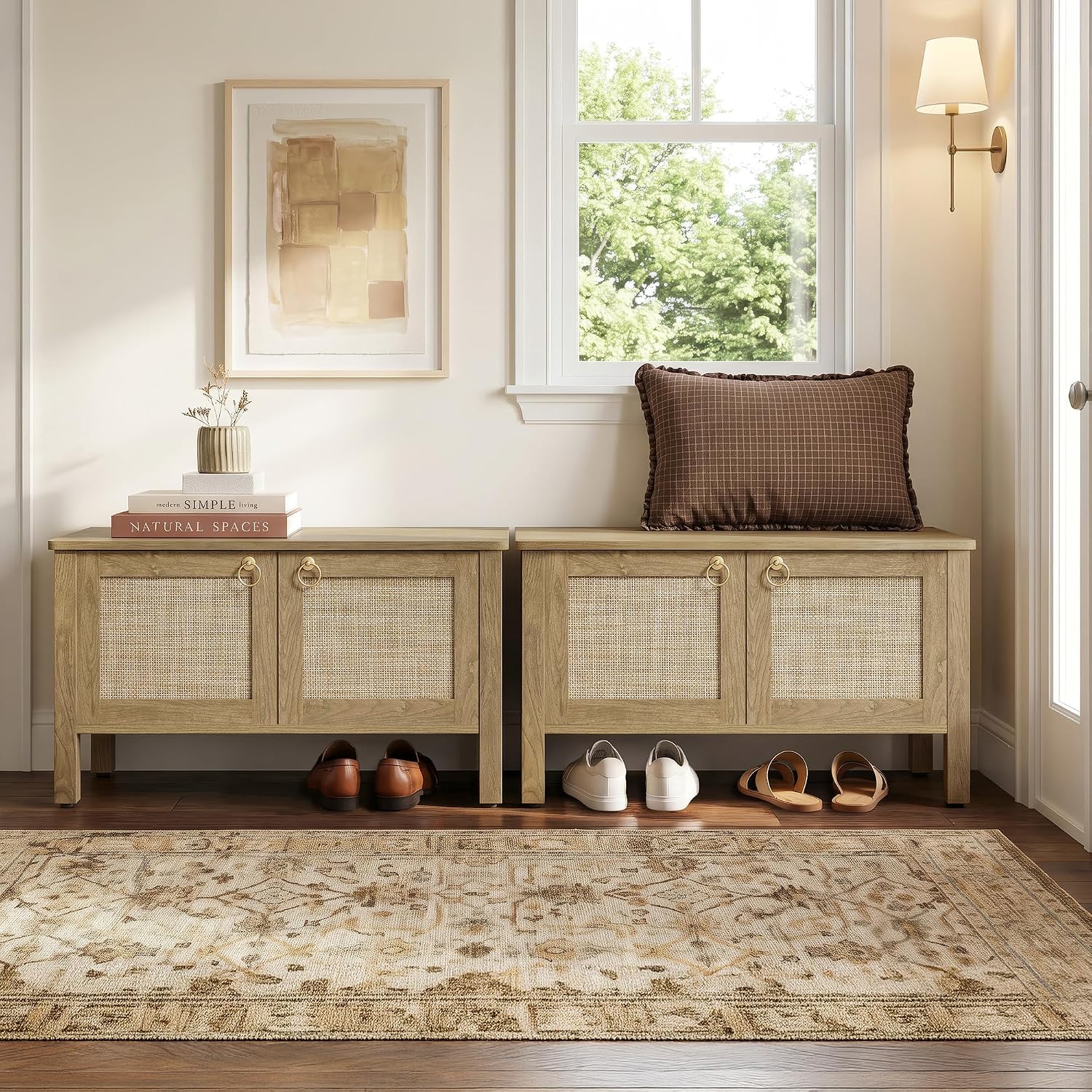 SICOTAS Rattan Storage Bench Boho Storage Chest with 2 Safety Hinges | Wood Storage Truck Box for Bedroom, Living Room, Entryway, Supports 220 lb