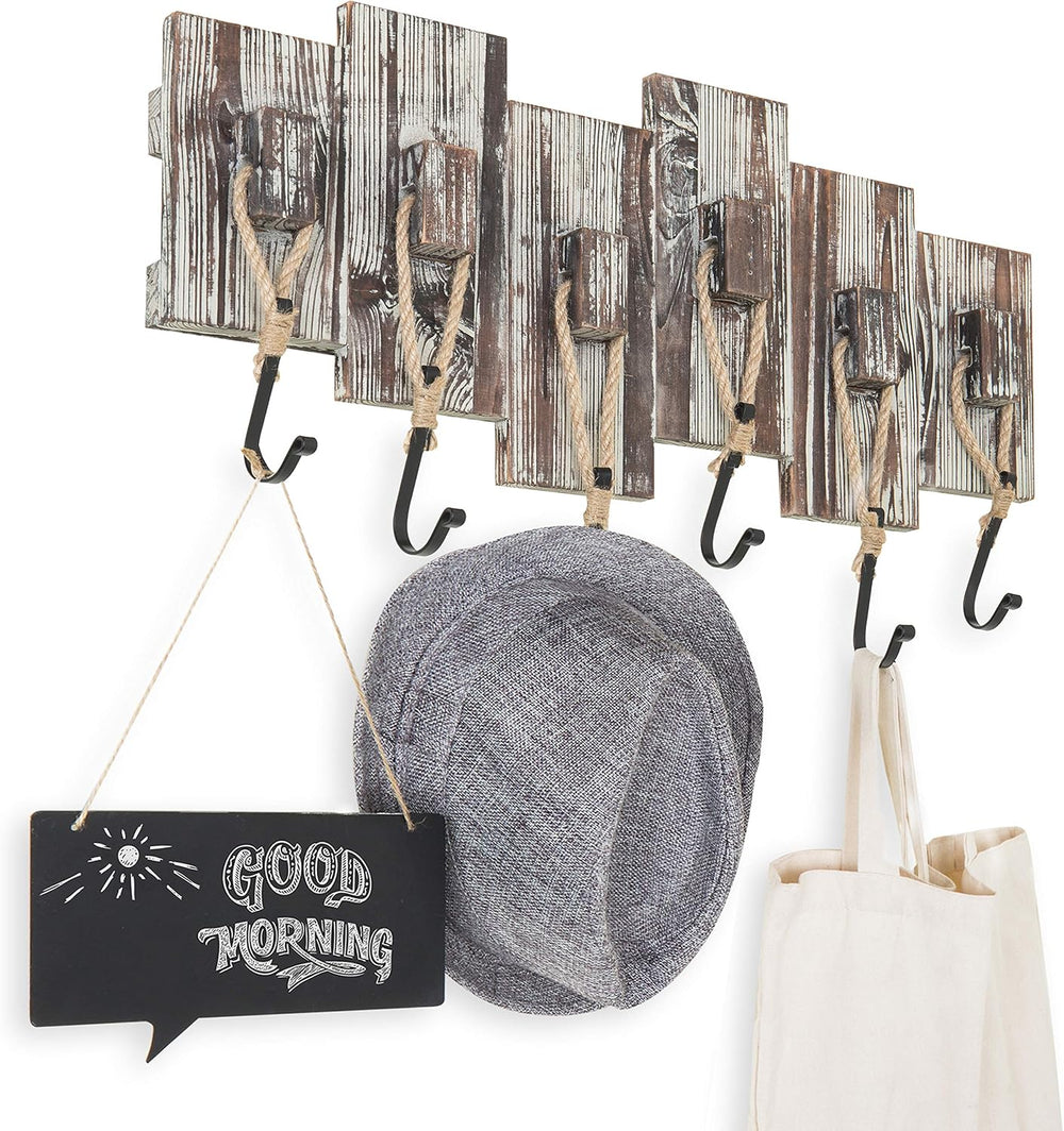 MyGift Torched Wood Wall-Mounted Coat Rack with 6 Rope & Black Metal Hooks