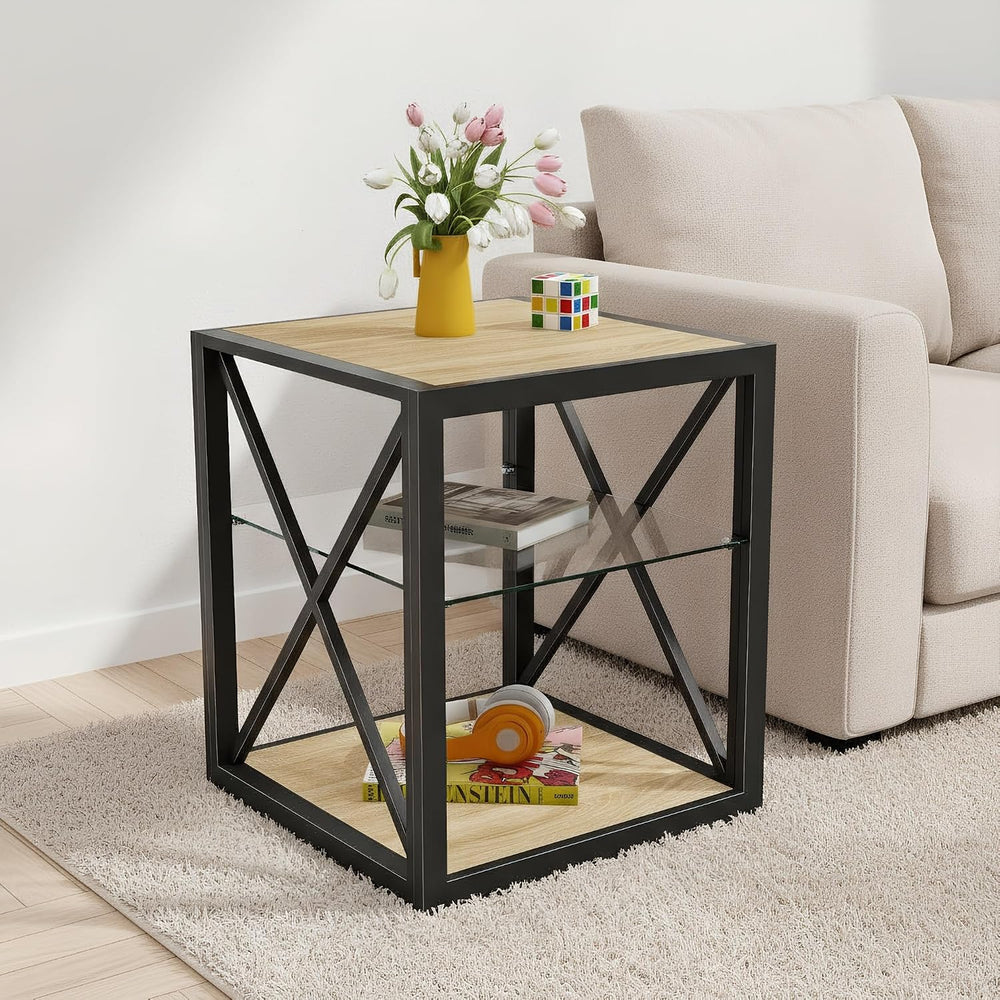 Modern End Table with Tempered Glass Shelf and Natural Wood MDF, Industrial M...