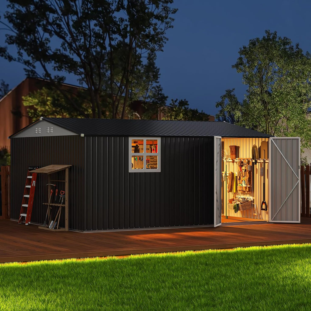 Polar Aurora 12X14 FT Outdoor Storage Shed with Windows, Metal Garden Shed with Updated Lockable Doors and Frame Structure, Large Tool Sheds for Backyard Garden Patio Lawn,Black