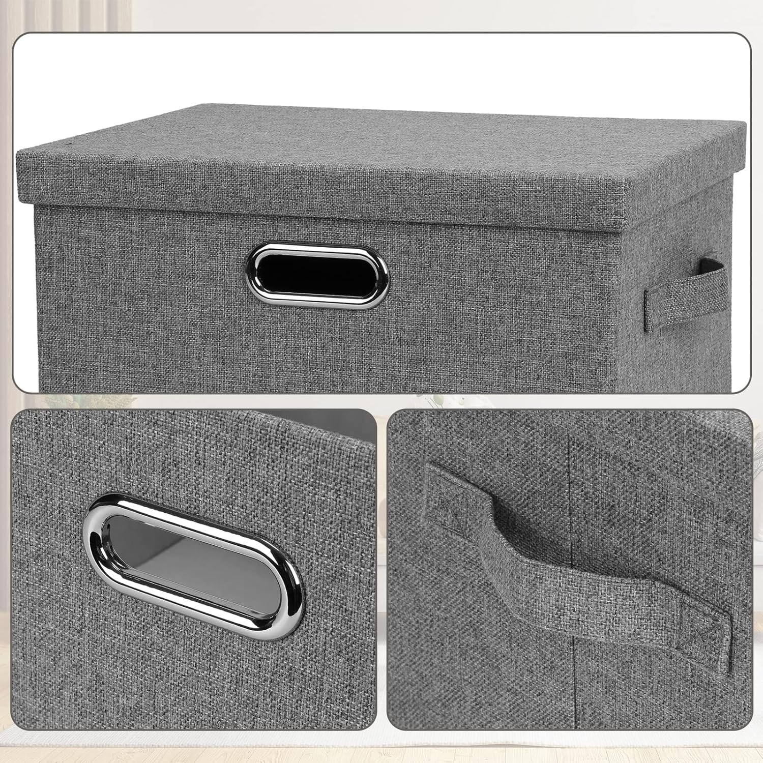 Medium 15" 21 Quart Collapsible Stackable Storage Bins with Lids, 1 Pack Gray Foldable Fabric Closet Storage Boxes with Lids, 4 Handles Heavy-duty Linen Cube Baskets for Bedroom